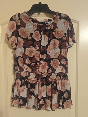 Large So It Is Girls Floral Smocked Waist Peplum - Black & Blush